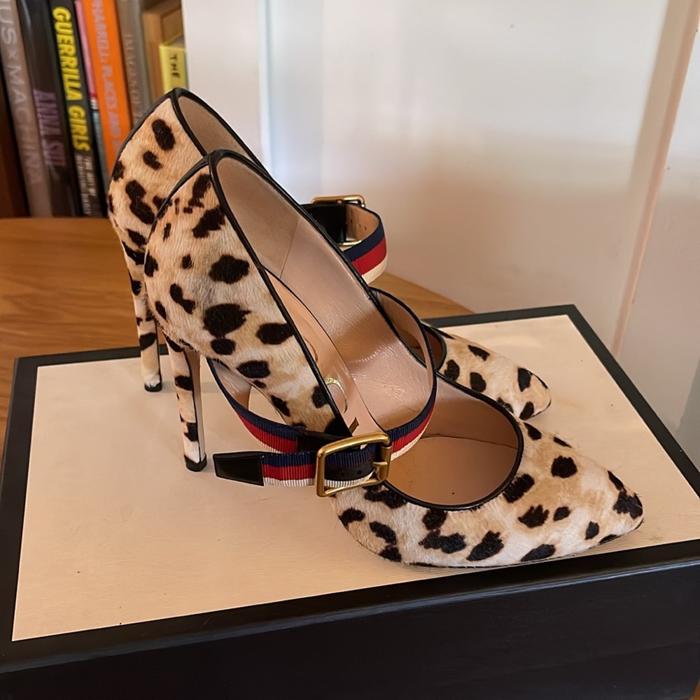 Sylvie Leopard Print Stiletto Heels with Red and Blue Straps - Picture 5 of 8